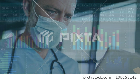 Monitoring doctor in clinic wearing scrubs and stethoscope viewing laptop data graphs, copy space Monitoring doctor in clinic wearing scrubs and stethoscope viewing laptop data graphs, copy space 139256142