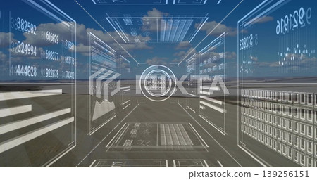 Floating holographic interface panels projecting numerical data over vast barren plain, with graphs Floating holographic interface panels projecting numerical data over vast barren plain, with graphs 139256151