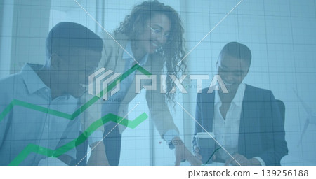 Smiling professionals pointing documents and holding coffee cup under graph overlay in meeting room Smiling professionals pointing documents and holding coffee cup under graph overlay in meeting room 139256188