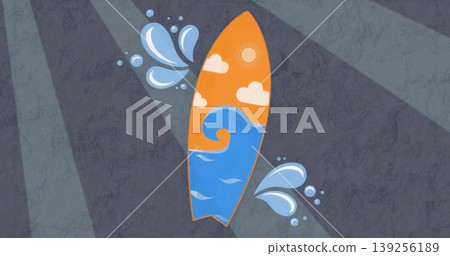 Displaying graphic surfboard featuring orange sun and wave design on gray backdrop, splash shapes Displaying graphic surfboard featuring orange sun and wave design on gray backdrop, splash shapes 139256189