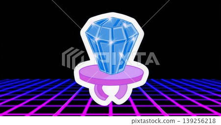 Floating purple ring platform carrying blue faceted gem above neon grid floor, retro-futuristic Floating purple ring platform carrying blue faceted gem above neon grid floor, retro-futuristic 139256218