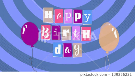 Colorful tiles spelling Happy Birthday hovering on digital rings backdrop, with two helium balloons Colorful tiles spelling Happy Birthday hovering on digital rings backdrop, with two helium balloons 139256221