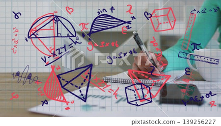 Writing mid adult woman visualizing geometric shapes in spiral notebook at desk, with tablet device 139256227