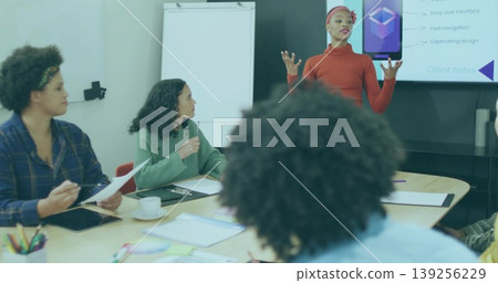 Woman in red sweater gesturing in meeting room, with flip chart and presentation screen, copy space Woman in red sweater gesturing in meeting room, with flip chart and presentation screen, copy space 139256229