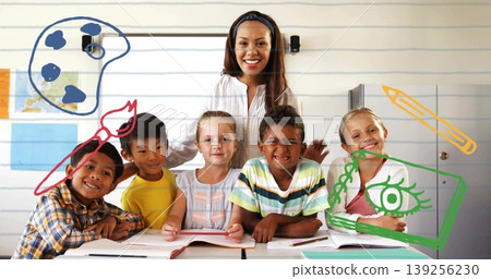 Smiling teacher guiding five students at classroom table, with open books and paint palette doodles Smiling teacher guiding five students at classroom table, with open books and paint palette doodles 139256230