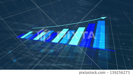 Displaying seven 3D bars rising above digital grid with numeric axis markings, with upward arrow Displaying seven 3D bars rising above digital grid with numeric axis markings, with upward arrow 139256273