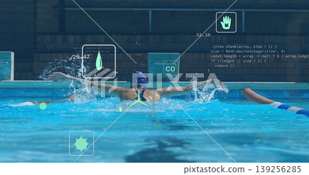 Executing butterfly stroke female swimmer propelling through pool lane with swim cap, goggles, HUD Executing butterfly stroke female swimmer propelling through pool lane with swim cap, goggles, HUD 139256285