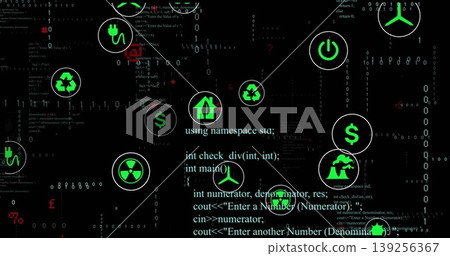 Floating green icons showing power recycling and plug symbols on dark code, with red binary streams Floating green icons showing power recycling and plug symbols on dark code, with red binary streams 139256367