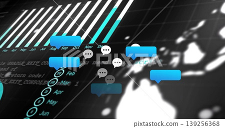 Displaying blue white speech icons floating on screen with bar chart month list code map silhouette Displaying blue white speech icons floating on screen with bar chart month list code map silhouette 139256368