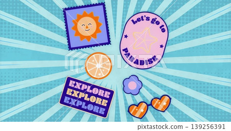 Displaying stickers on turquoise burst with sun sticker, PARADISE badge, orange slice and hearts Displaying stickers on turquoise burst with sun sticker, PARADISE badge, orange slice and hearts 139256391