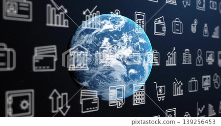 Floating blue Earth globe in star field, with holographic bar charts credit cards gear icons 139256453
