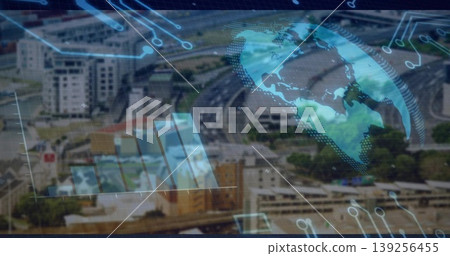Displaying overlay over highways and midrises at drone angle with bar chart, globe and circuits Displaying overlay over highways and midrises at drone angle with bar chart, globe and circuits 139256455