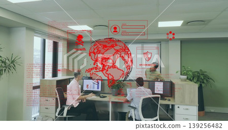 Collaborating three office workers viewing bar chart and security overlay in office, with monitors Collaborating three office workers viewing bar chart and security overlay in office, with monitors 139256482
