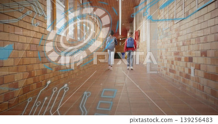 Walking classmates navigating school corridor, with backpacks, tiled floor, holographic overlay Walking classmates navigating school corridor, with backpacks, tiled floor, holographic overlay 139256483