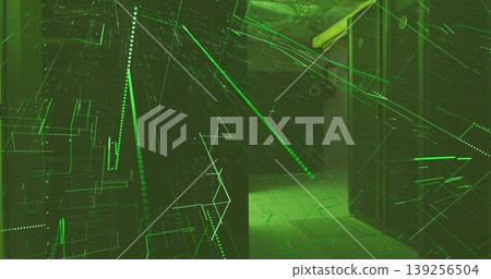 Displaying dim interior corridor projecting neon-green digital grid with tiles, pillars, dark walls Displaying dim interior corridor projecting neon-green digital grid with tiles, pillars, dark walls 139256504