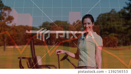 Smiling woman holding golf club on fairway, with white golf cart, chart, graph overlays, copy space Smiling woman holding golf club on fairway, with white golf cart, chart, graph overlays, copy space 139256553