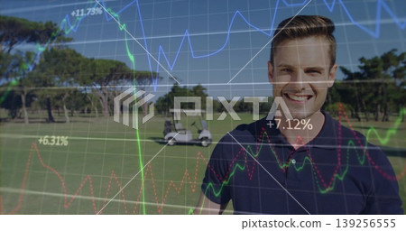 Standing man in dark polo shirt on golf fairway, with golf cart, chart overlays, copy space Standing man in dark polo shirt on golf fairway, with golf cart, chart overlays, copy space 139256555