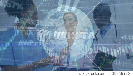 Three medical professionals in white coats studying globe in conference, with tablet showing chart Three medical professionals in white coats studying globe in conference, with tablet showing chart 139256590