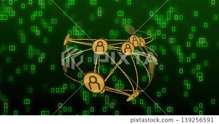 Displaying stylized network sphere hovering in virtual space, with golden icons and glowing lines Displaying stylized network sphere hovering in virtual space, with golden icons and glowing lines 139256591