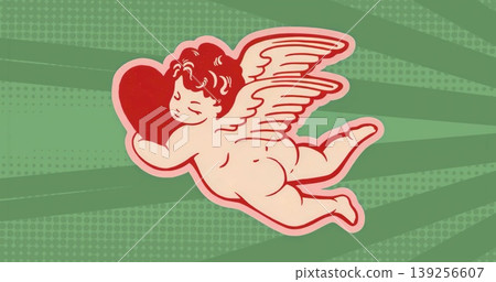 Clutching large red heart, cherubic cupid floating over graphic backdrop with green radial beams 139256607