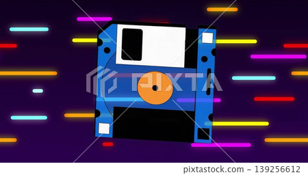 Floating stylized floppy disk gliding across purple digital canvas, with neon color streaks 139256612