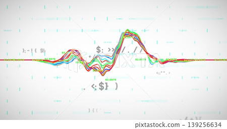Flowing multicolored waveforms animating digital space, with floating symbols and cyan data points Flowing multicolored waveforms animating digital space, with floating symbols and cyan data points 139256634