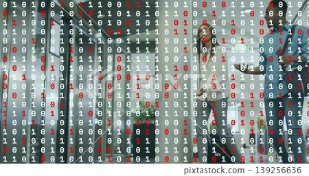 Standing coworkers holding tablet and smartphone in office, with binary and glass walls, copy space 139256636
