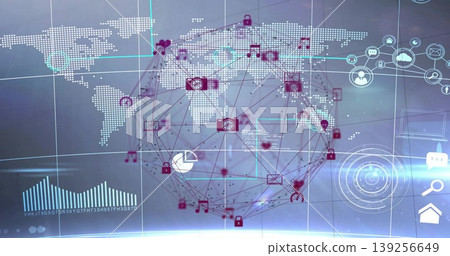 Displaying network globe with nodes on dotted world map grid, with magenta camera lock chart icons 139256649