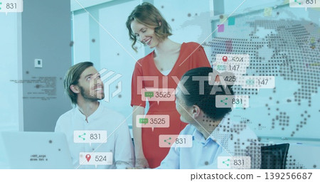 Presenting woman in red dress guiding colleagues on data analytics in office, with laptop overlays Presenting woman in red dress guiding colleagues on data analytics in office, with laptop overlays 139256687