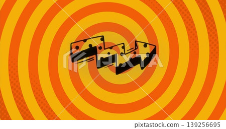Drawing focus stylized black zigzag arrow hovering over digital graphic design, with warm hue rings Drawing focus stylized black zigzag arrow hovering over digital graphic design, with warm hue rings 139256695