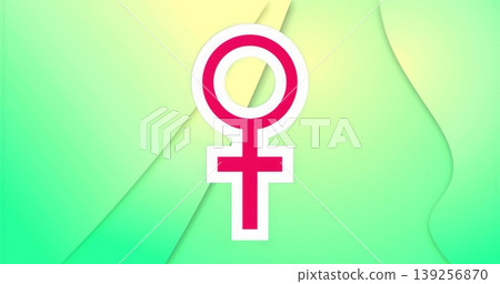 Displaying bold pink female gender symbol floating over layered green to yellow abstract background Displaying bold pink female gender symbol floating over layered green to yellow abstract background 139256870