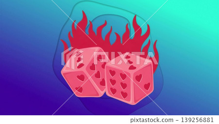 Showcasing pink dice with heart-shaped pips floating on gradient background, with red flame motif Showcasing pink dice with heart-shaped pips floating on gradient background, with red flame motif 139256881