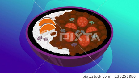 Displaying purple bowl with rice topped by dark brown stew and red slices on gradient background Displaying purple bowl with rice topped by dark brown stew and red slices on gradient background 139256896