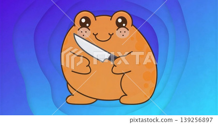 Displaying round orange amphibian clasping kitchen knife in purple blue tunnel, digital art Displaying round orange amphibian clasping kitchen knife in purple blue tunnel, digital art 139256897