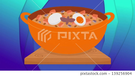 Featuring bright orange cooking pot simmering stew on wooden board, with egg halves and star anise Featuring bright orange cooking pot simmering stew on wooden board, with egg halves and star anise 139256904