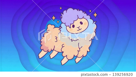 Floating pastel fluffy alpaca-like creature drifting above gradient rings, with sparkling stars Floating pastel fluffy alpaca-like creature drifting above gradient rings, with sparkling stars 139256920