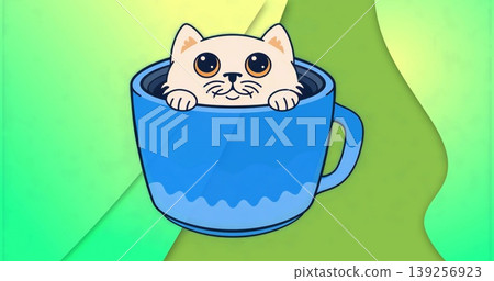 Cartoon cat peeking over rim of blue ceramic mug in abstract background, featuring gradient shapes 139256923