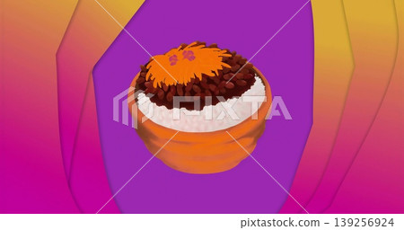 Floating terracotta bowl showing white rice dark red beans shredded orange garnish on bold gradient Floating terracotta bowl showing white rice dark red beans shredded orange garnish on bold gradient 139256924