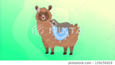 Featuring fluffy brown llama carrying sleepy sloth in illustration, with saddle blanket and tassels 139256929