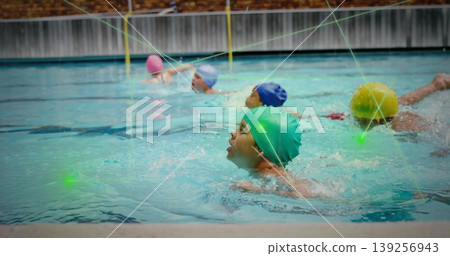 Swimming five swimmers practicing crawl stroke in lap pool, with swim caps and tracking overlay Swimming five swimmers practicing crawl stroke in lap pool, with swim caps and tracking overlay 139256943
