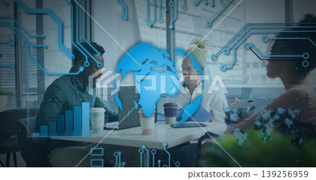 Analyzing data three professionals working around table in office with laptops and digital overlay 139256959