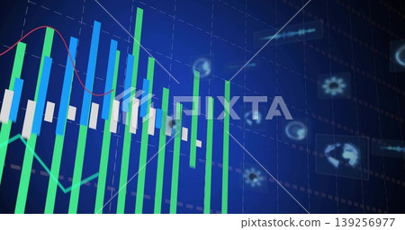 Showing green, blue bars, candlesticks rising on blue grid panel, with red trend line and icons Showing green, blue bars, candlesticks rising on blue grid panel, with red trend line and icons 139256977