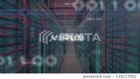 Floating white VIRUS text overlay hovering across data center corridor, with server racks Floating white VIRUS text overlay hovering across data center corridor, with server racks 139257002