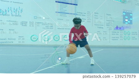 Dribbling boy wearing red sportswear moving on gym court, with basketball and analytics overlays Dribbling boy wearing red sportswear moving on gym court, with basketball and analytics overlays 139257079