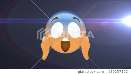 Displaying 3D shocked-face emoji pressing hands on cheeks in graphic scene, showing tearful shock 139257122
