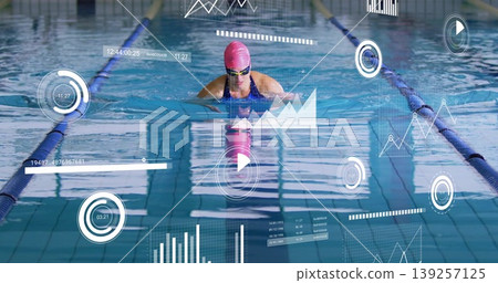 Swimming mature athlete performing breaststroke in lap pool, with pink swim cap and data overlays Swimming mature athlete performing breaststroke in lap pool, with pink swim cap and data overlays 139257125