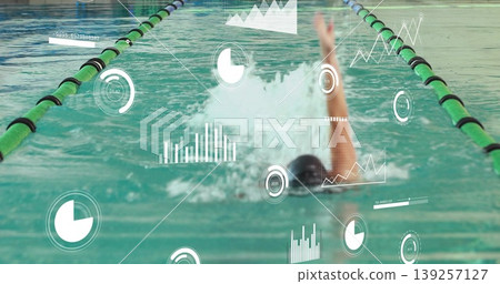 Female swimmer wearing swimsuit and swim cap doing front crawl in pool lane showing metrics overlay Female swimmer wearing swimsuit and swim cap doing front crawl in pool lane showing metrics overlay 139257127