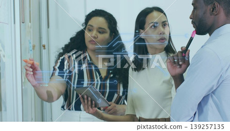 Marking whiteboard colleagues adding sticky notes in office, with markers, tablet and data overlay Marking whiteboard colleagues adding sticky notes in office, with markers, tablet and data overlay 139257135