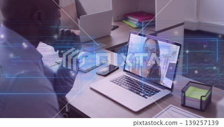 Mature worker leaning, focusing on call in office, with notebook smartphone dispenser, copy space 139257139