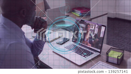 Leaning man focusing on laptop during virtual meeting in office, with digital icons, copy space 139257141